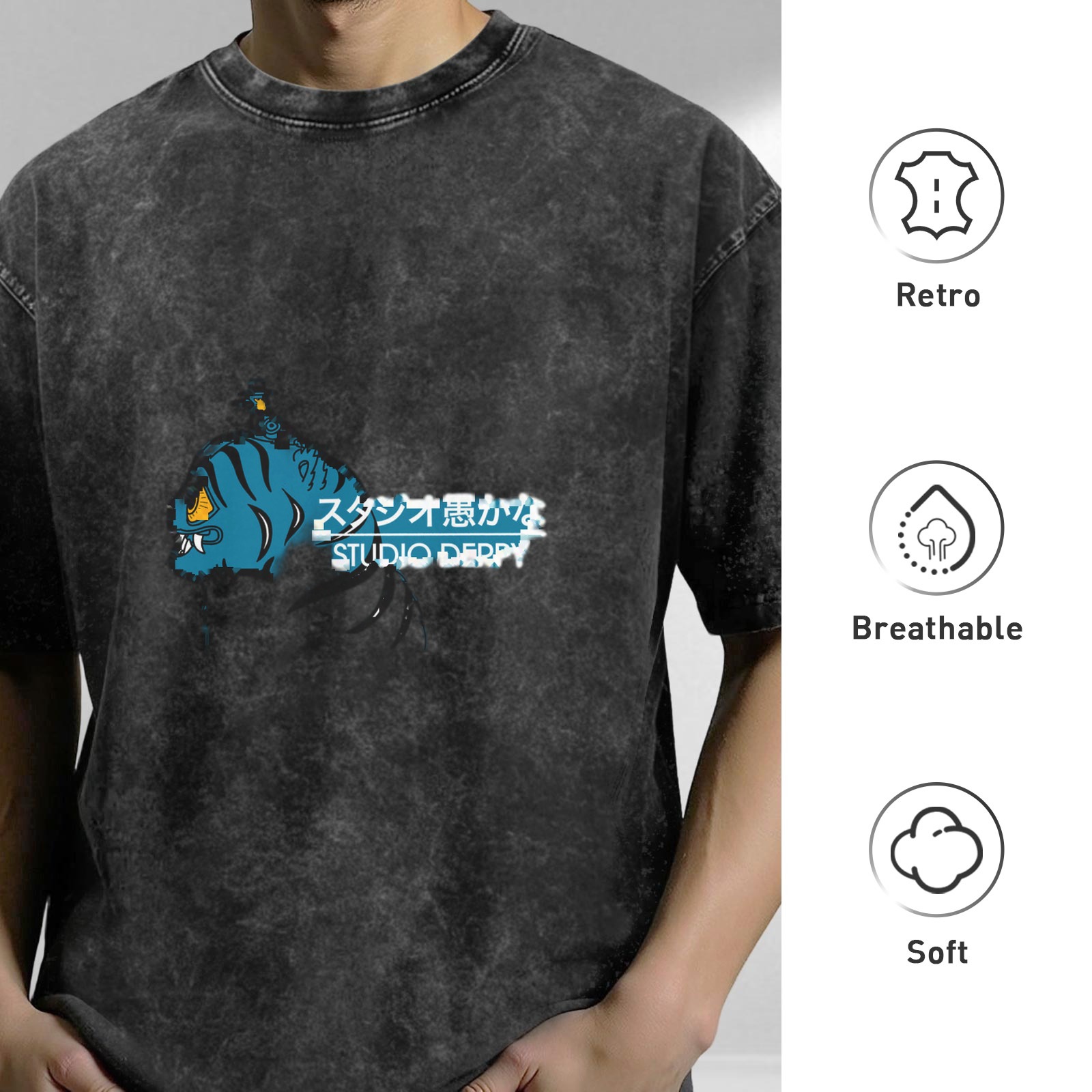 Washed distressed black loose short-sleeved T-shirt with blue tiger pattern and STUDIO DERPY Japanese and English logo