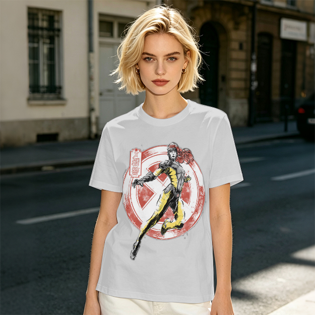 Olive T-shirt with X-Men style superhero graphic print