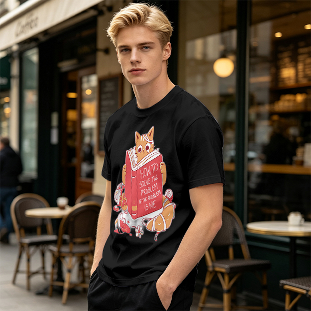 Olive T-Shirt With Ginger Cat Reading Self-Help Book Print