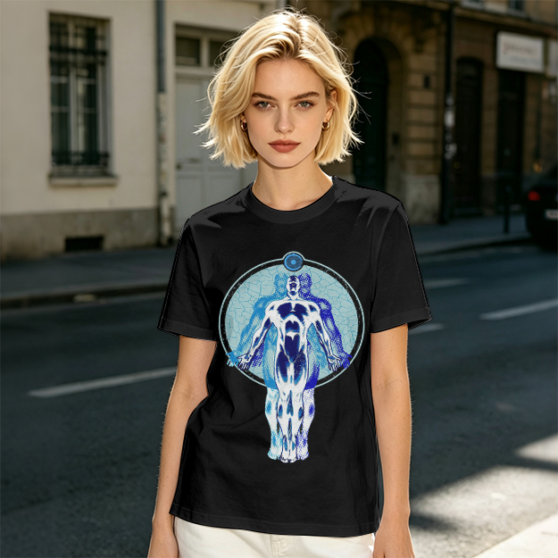 Olive T-Shirt with Glowing Blue Superhero Figure Graphic
