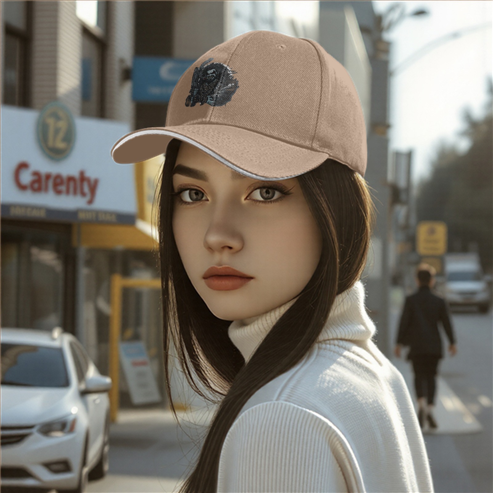 Black Baseball Cap With Tough Biker Character Graphic Print