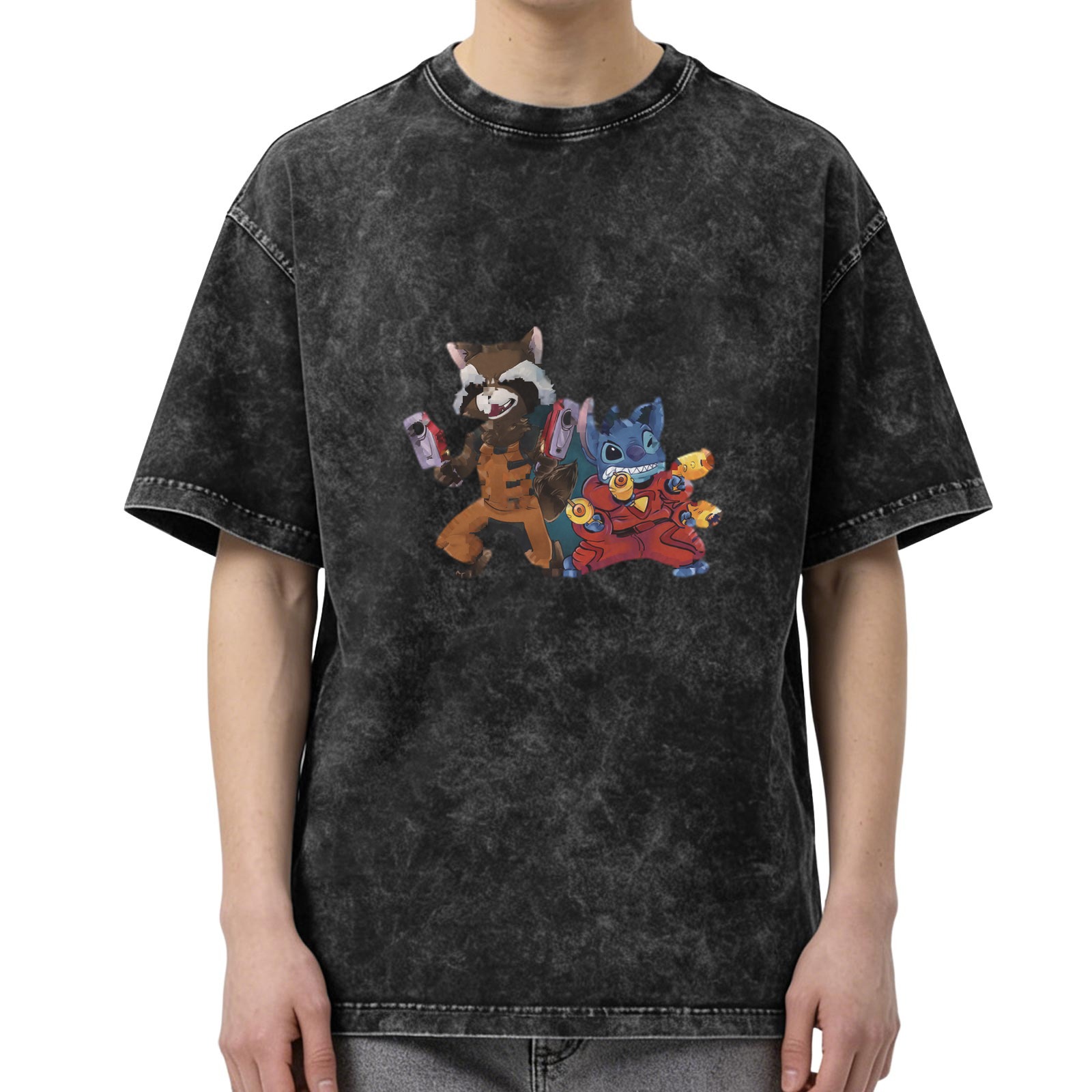 Washed black graphic t-shirt with Rocket Raccoon and Stitch design