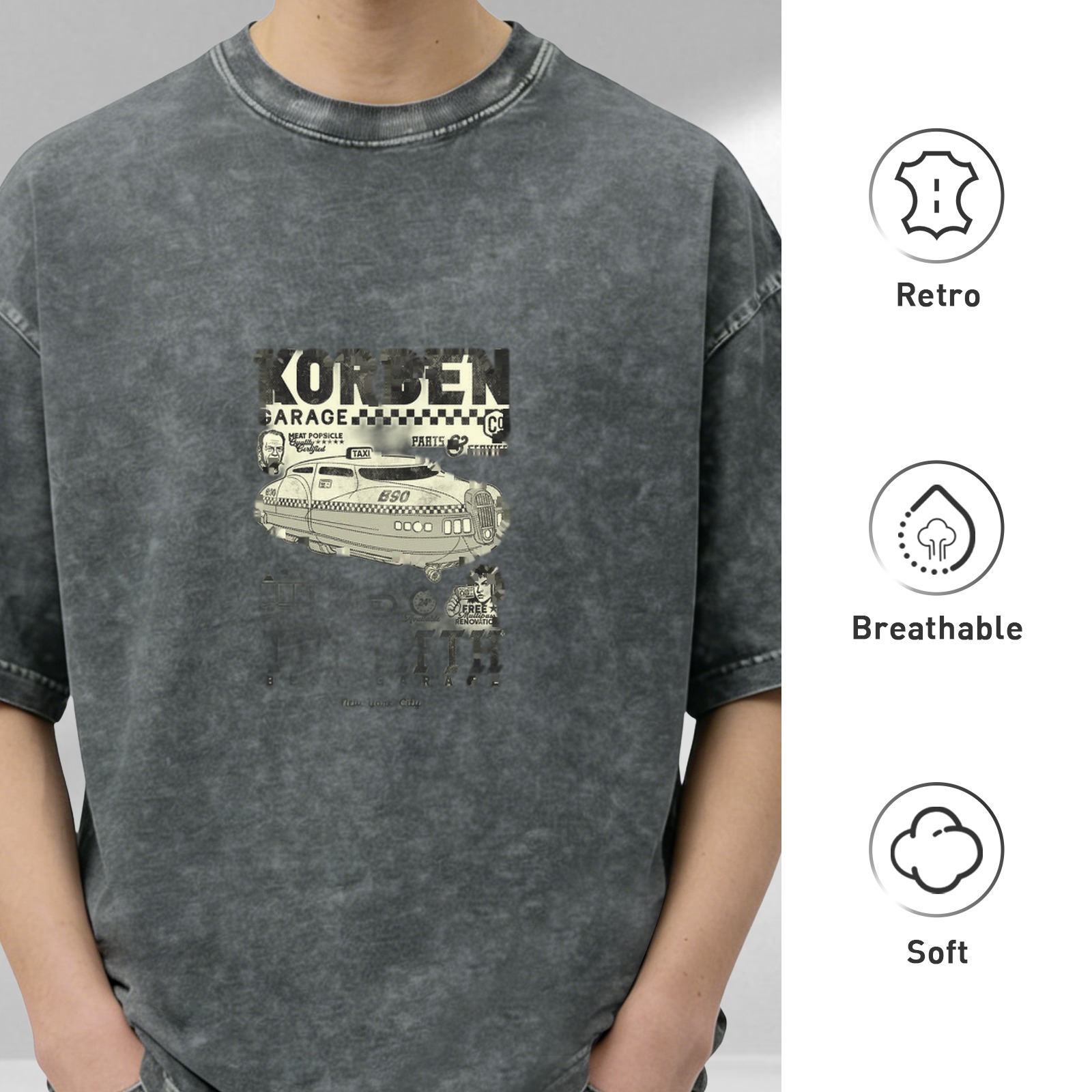 Washed Black Oversized T-Shirt with Retro Garage Taxi Graphic Print
