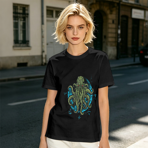Olive Green T-Shirt With Cthulhu Octopus Monster Graphic