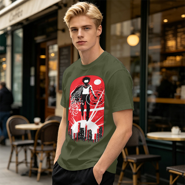 Olive T-Shirt With Anime Superhero Over City Graphic