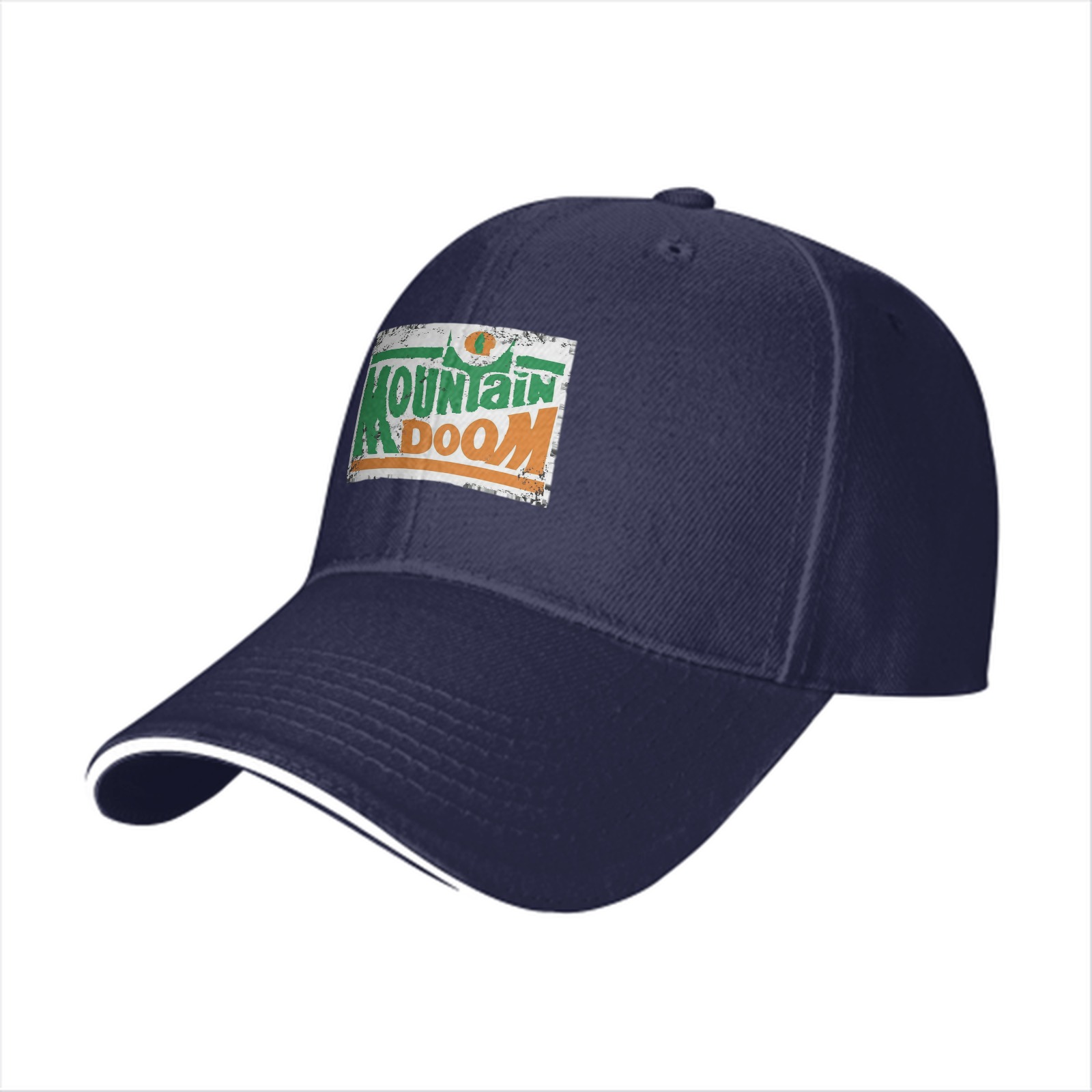 Black baseball cap with Mountain Doom distressed graphic print