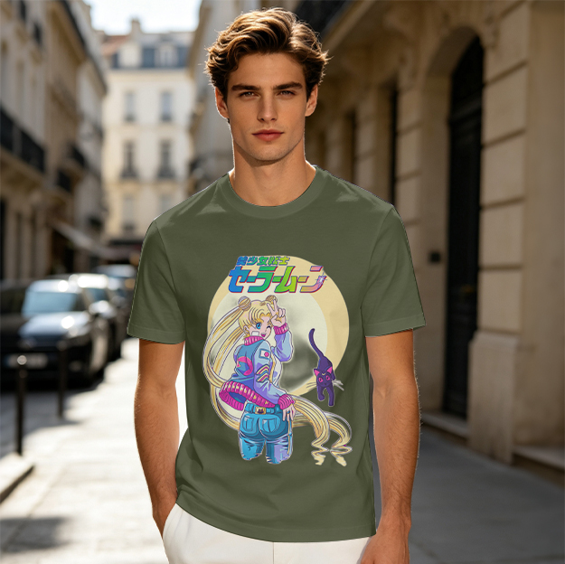 Olive anime graphic t-shirt featuring Usagi and Luna