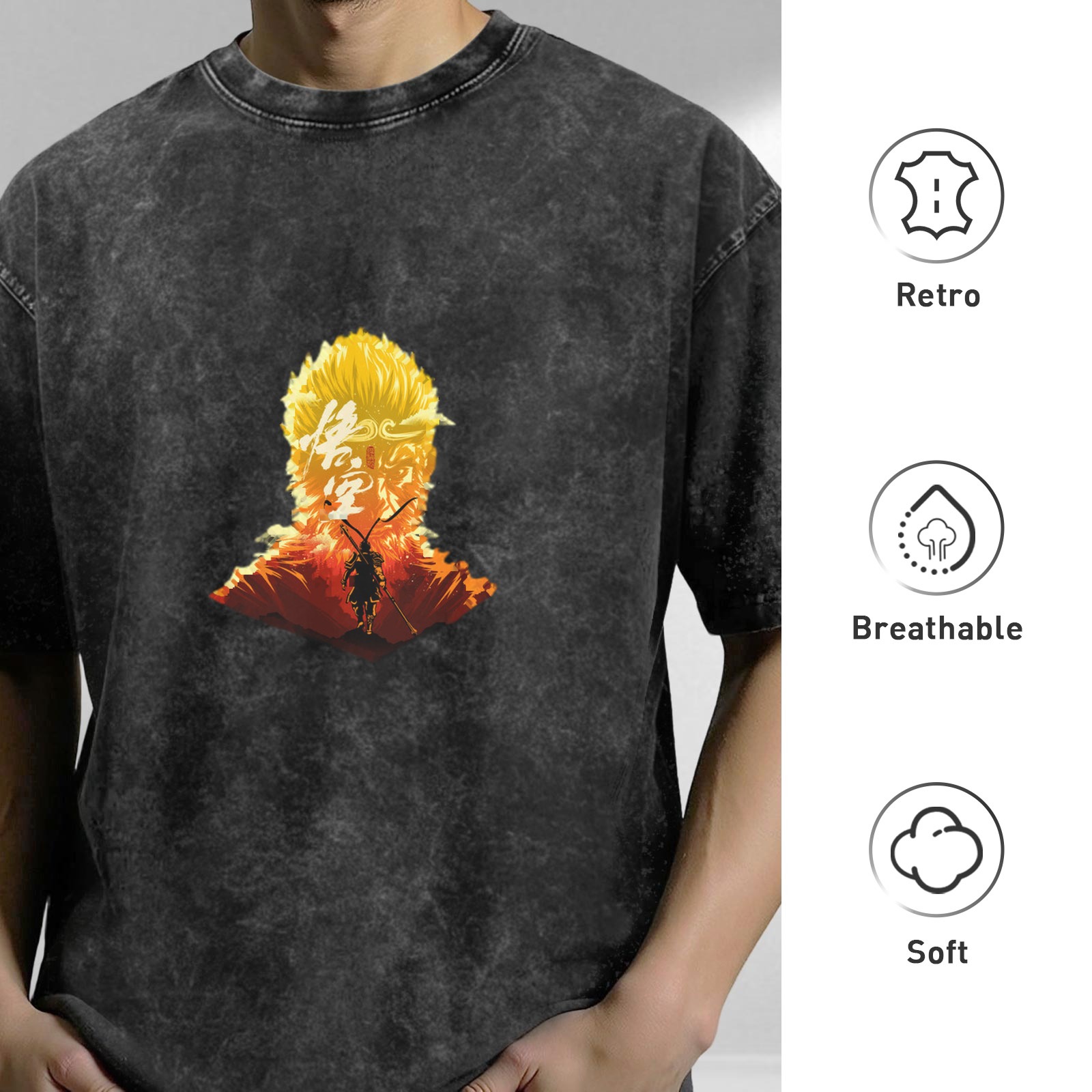 Wukong Graphic Washed Black Short Sleeve T-Shirt