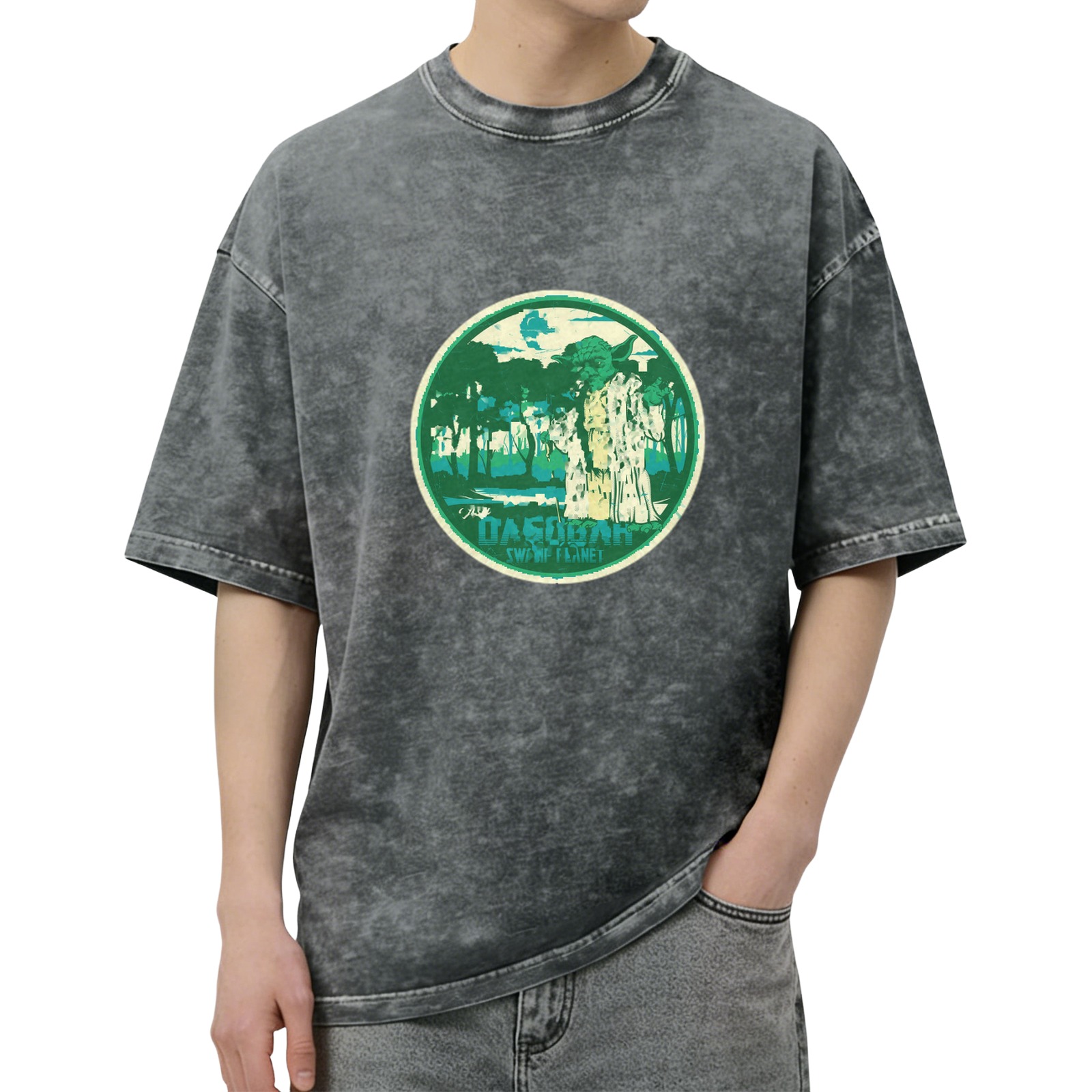 Oversized Acid Wash T-Shirt with Swamp Planet Graphic Print