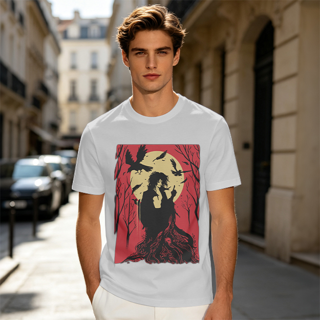 Olive T-Shirt With Gothic Crow And Moon Graphic Print