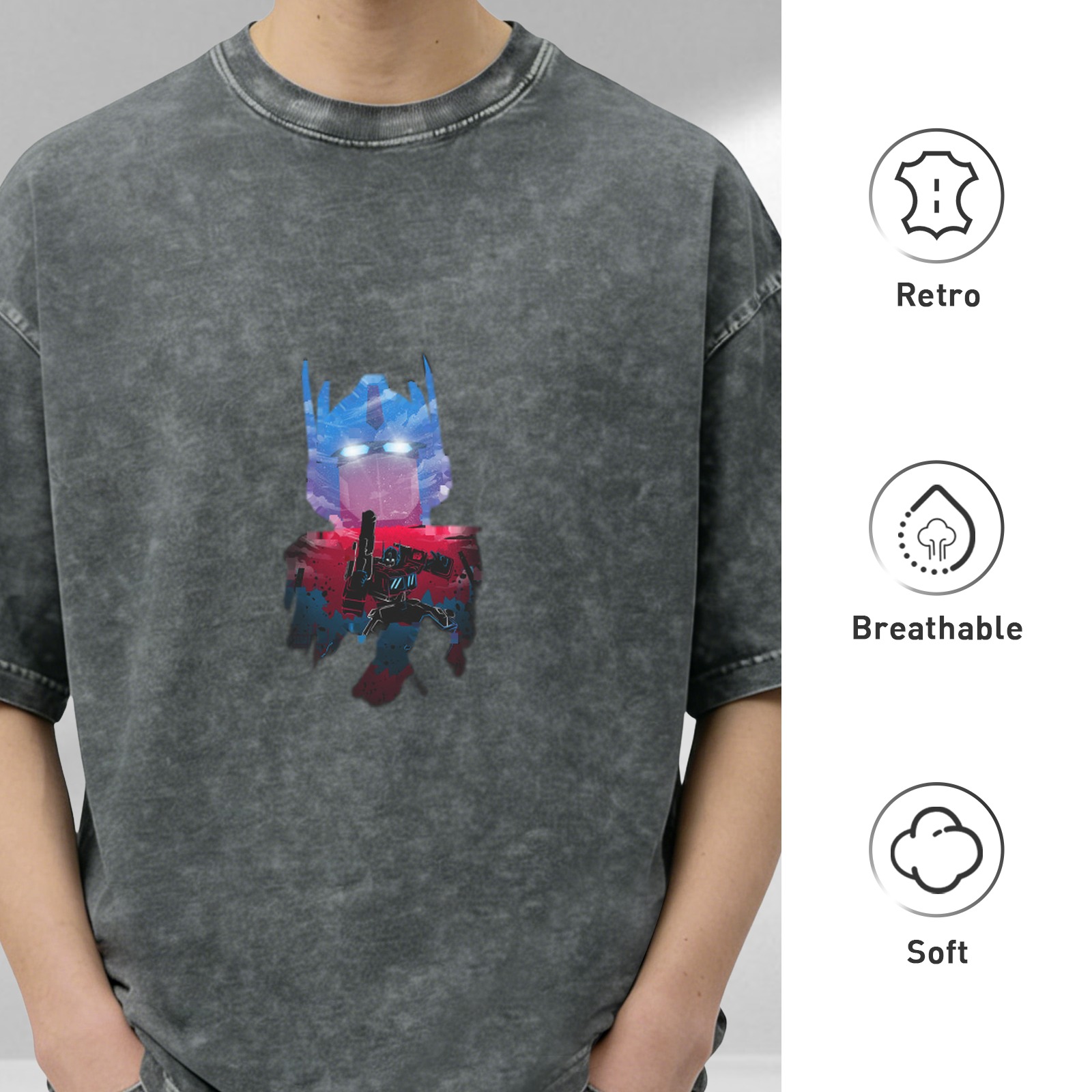 Washed distressed black Optimus Prime print short-sleeved T-shirt