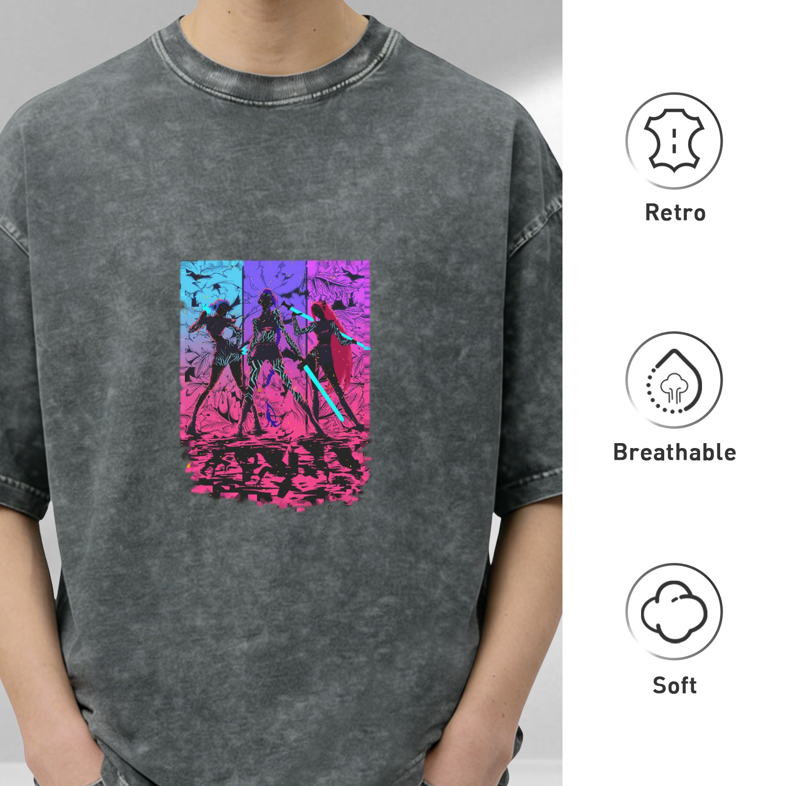 Distressed washed black cyber style anime character printed short-sleeved T-shirt