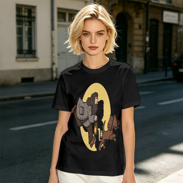 Olive T-Shirt With Cartoon Man And Dog Running Graphic