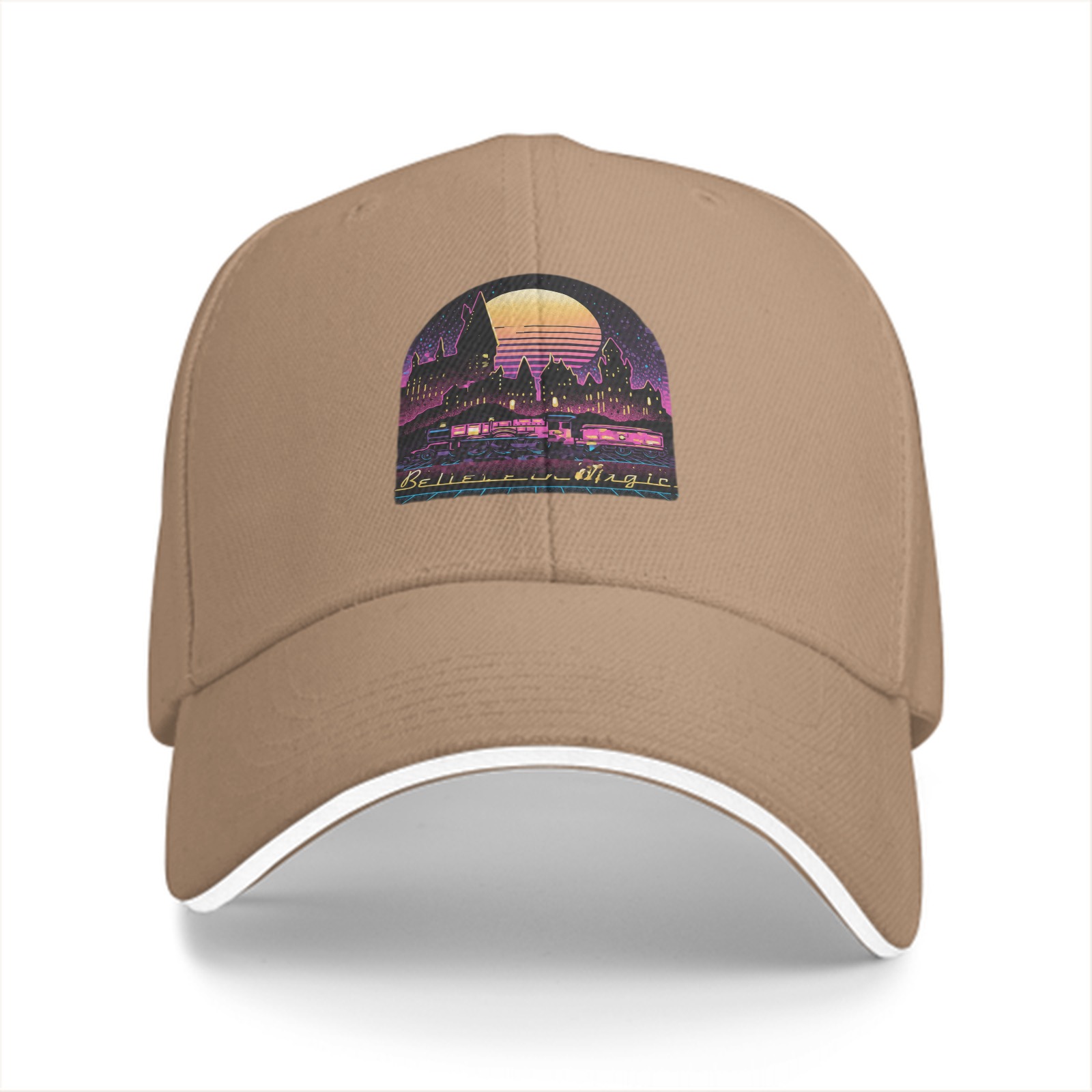 Black Baseball Cap With Neon Magic Castle Sunset Graphic