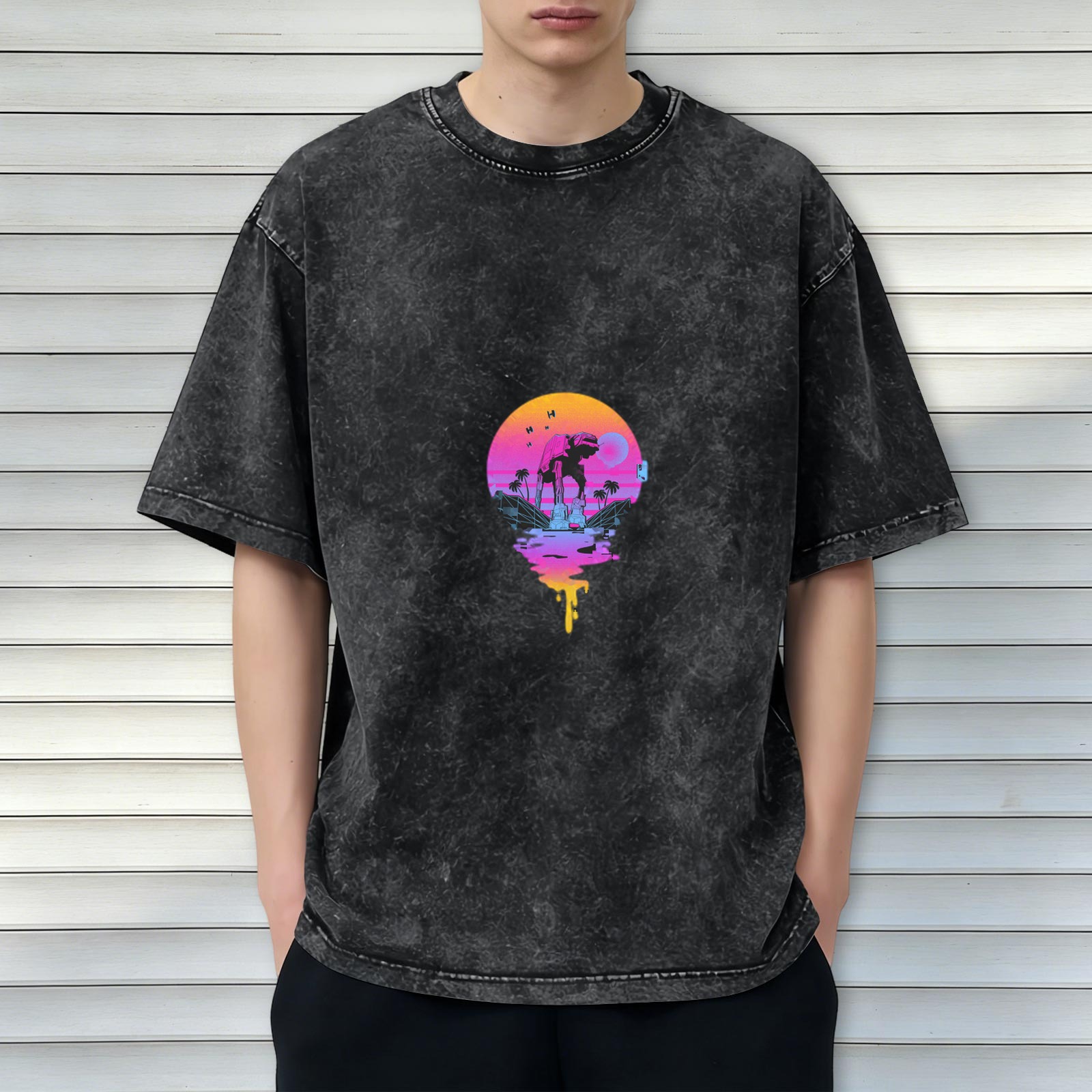 Distressed washed black round neck short-sleeved T-shirt Steamwave style Star Wars AT-AT walker printed top