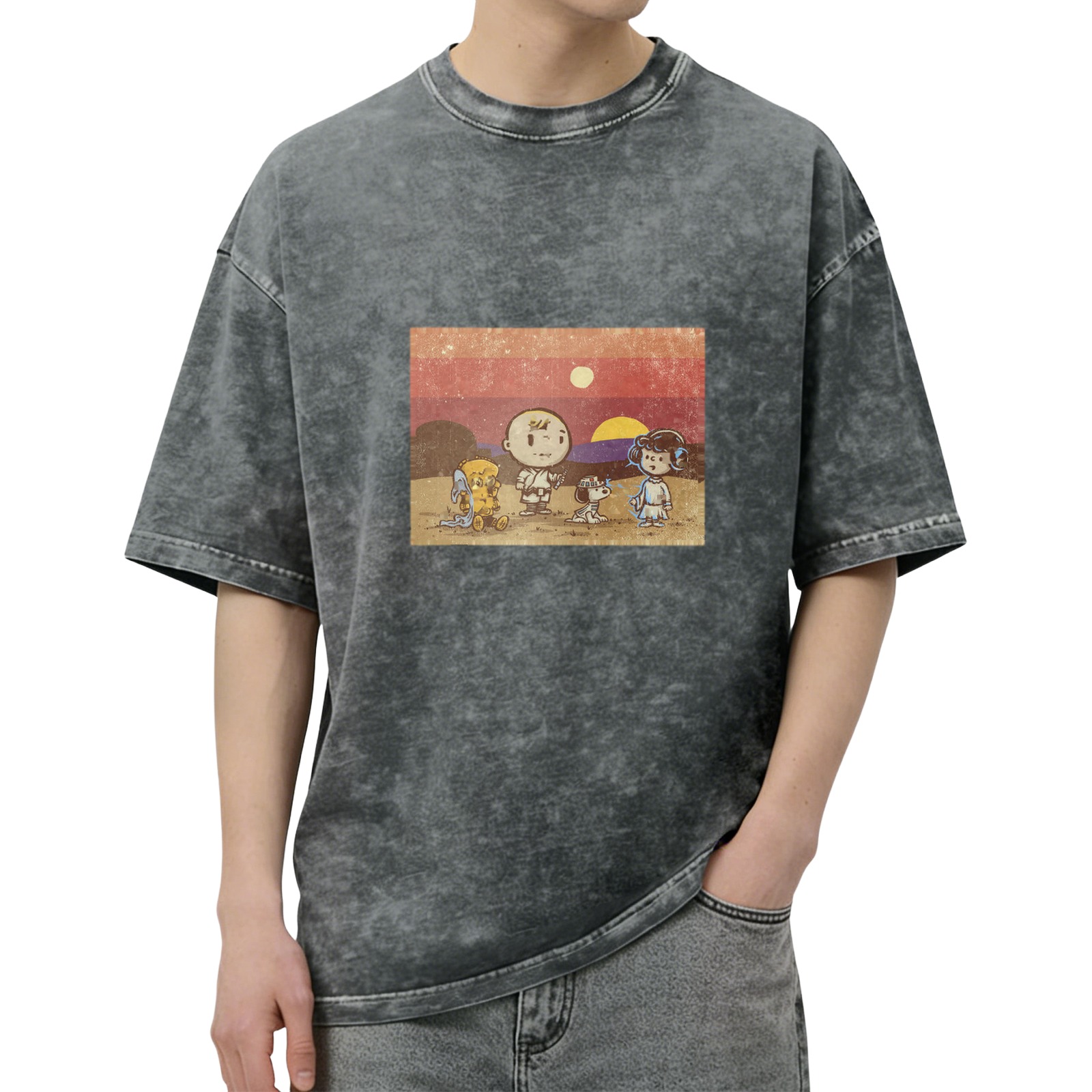 Vintage Washed T-Shirt with Peanuts Star Wars Mashup Desert Sunset Graphic