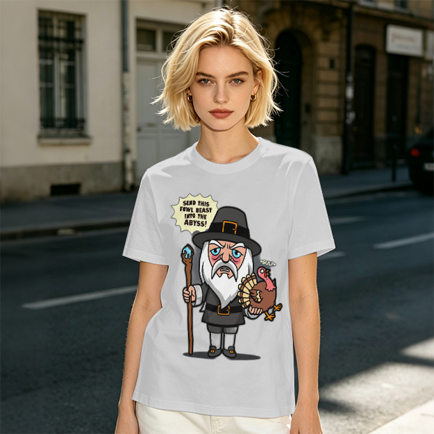 Wizard Pilgrim Holding Turkey Funny Thanksgiving T-Shirt Design