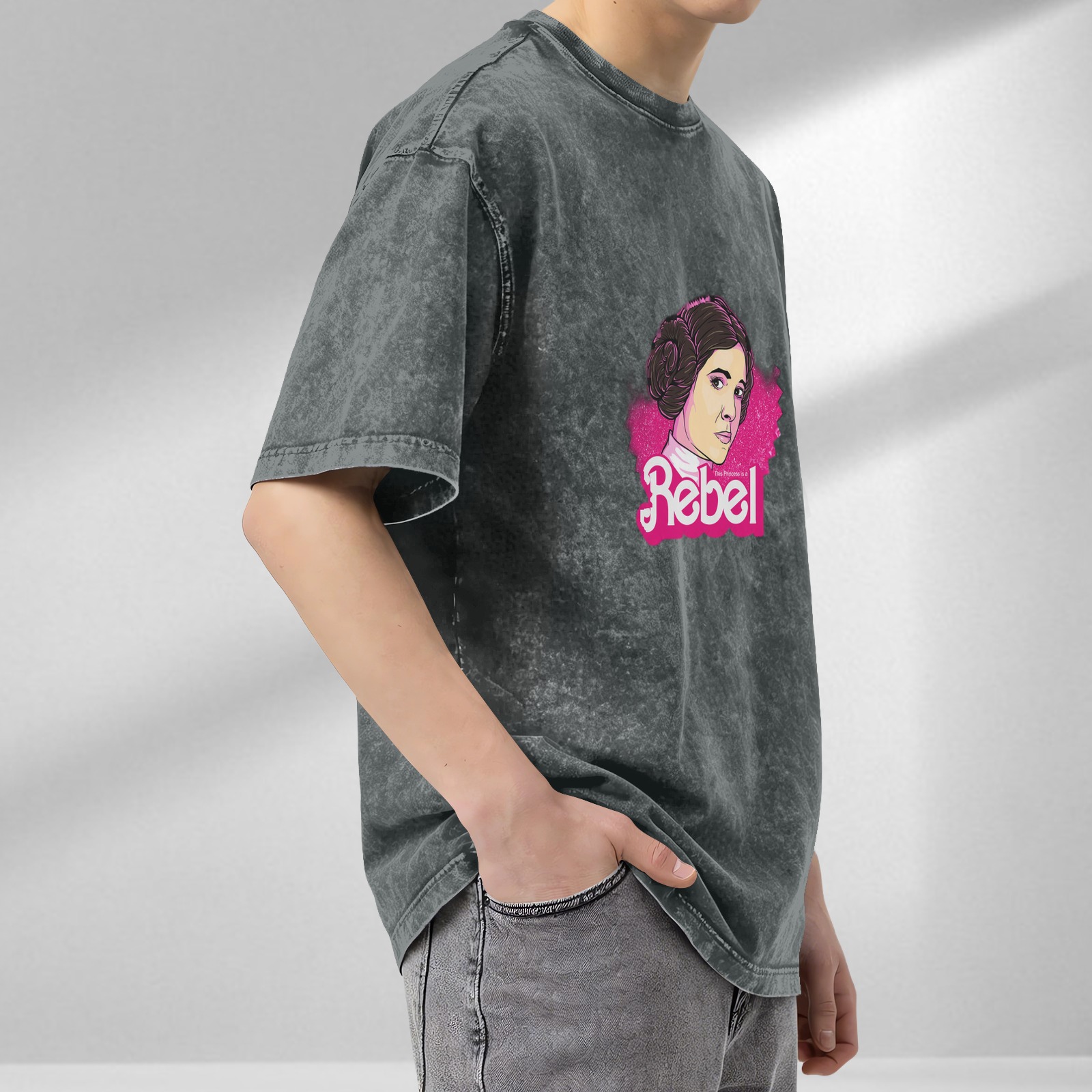 Washed Black T-Shirt with Princess Leia Rebel Graphic
