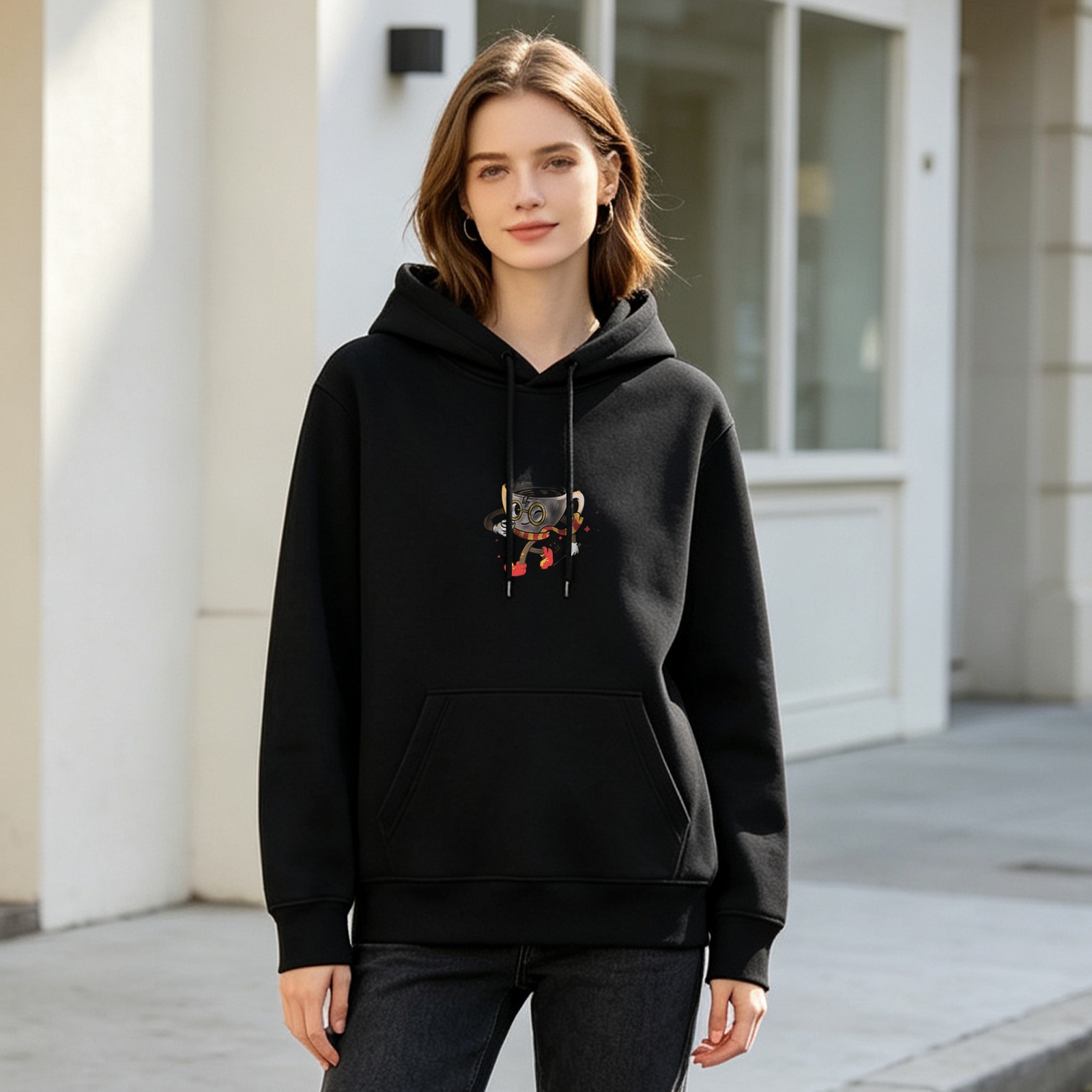 Black Hoodie with Cartoon Coffee Cup Character Graphic