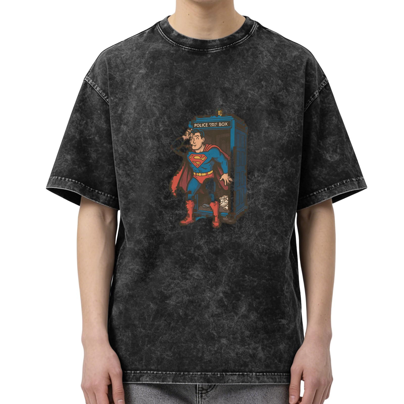 Superman Emerging From Tardis Graphic Stonewashed Black T-Shirt