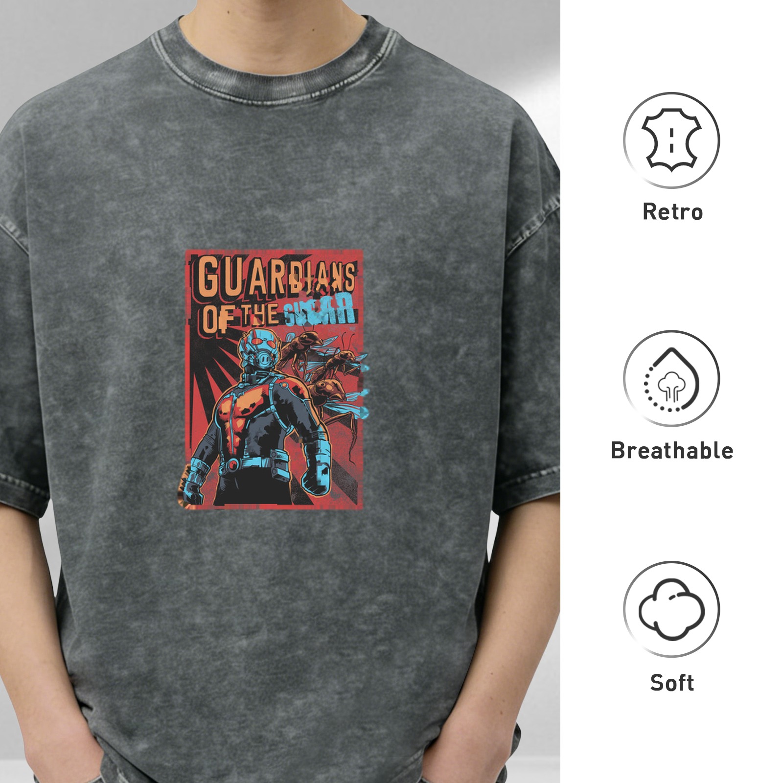 Washed black graphic t-shirt with Guardians of the Galaxy style superhero print
