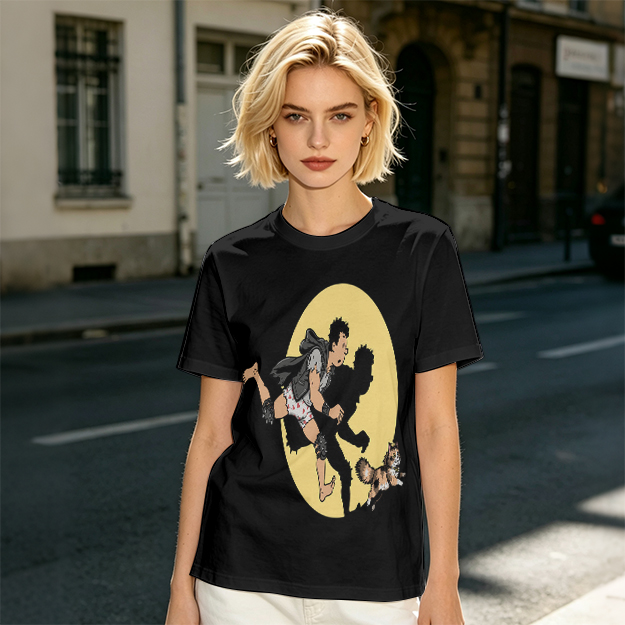 Olive T-Shirt With Cartoon Running Figure And Shadow Print