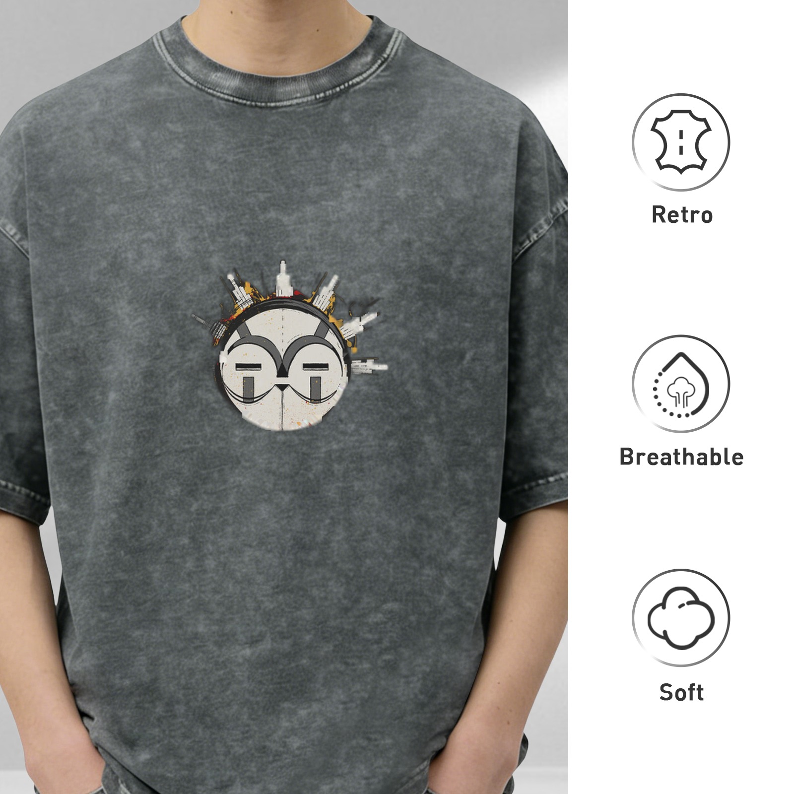 Oversized Black Acid Wash T-Shirt With Graphic Face Print