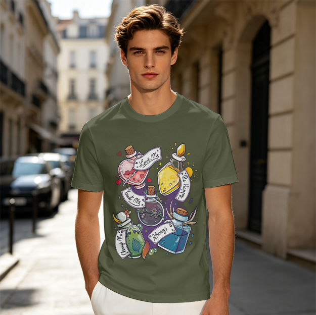 Olive T-Shirt With Magical Potion Bottles Graphic Design