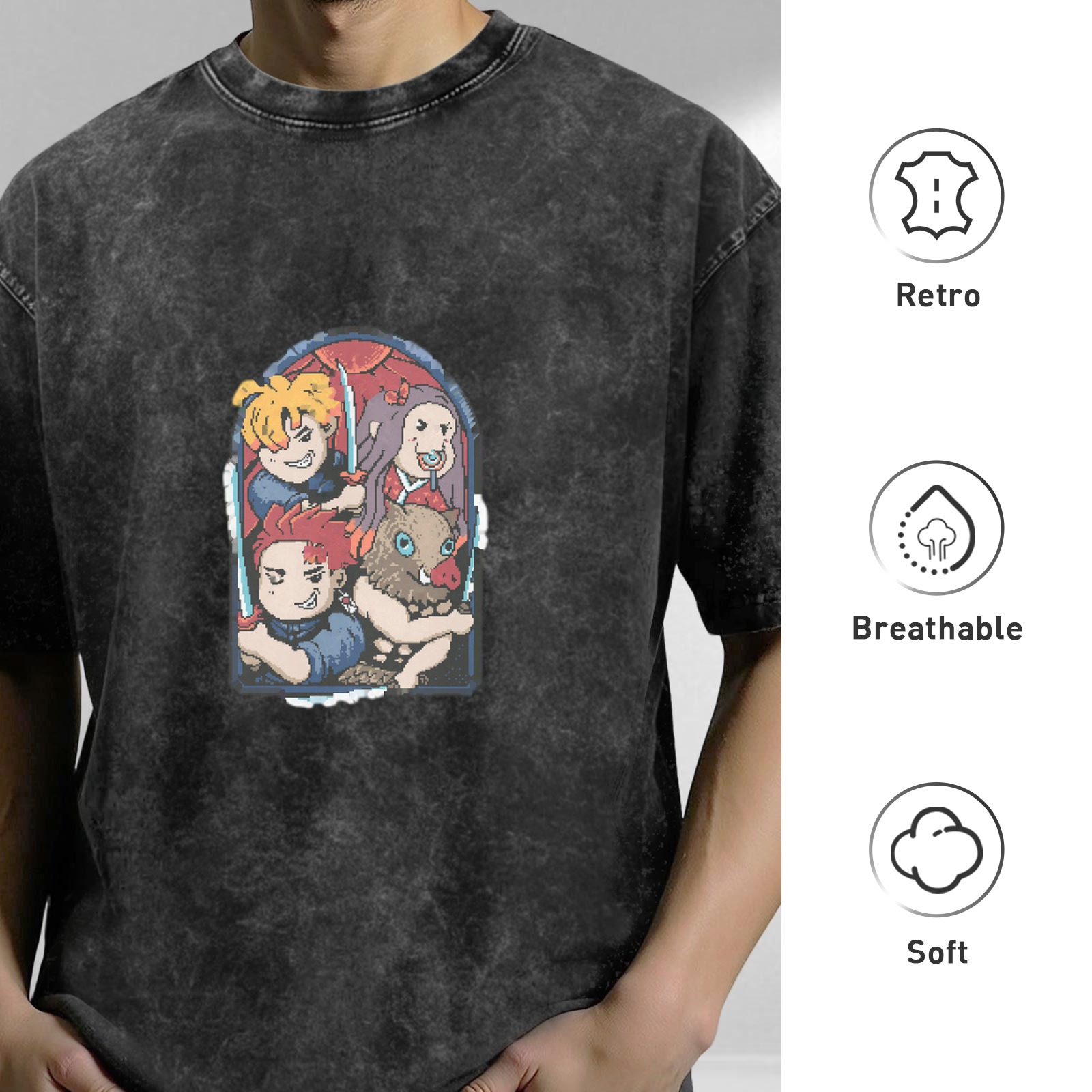Oversized Dark Wash T-Shirt With Anime Demon Slayer Style Characters Print