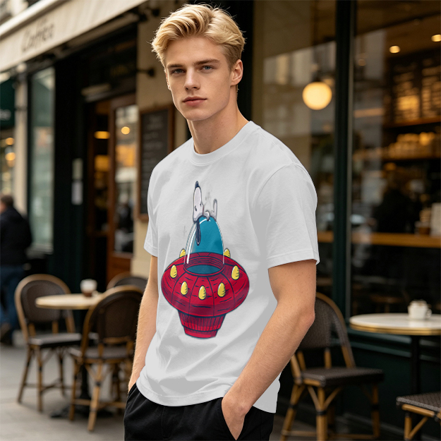 Olive T-Shirt Featuring Snoopy Relaxing in a Red UFO