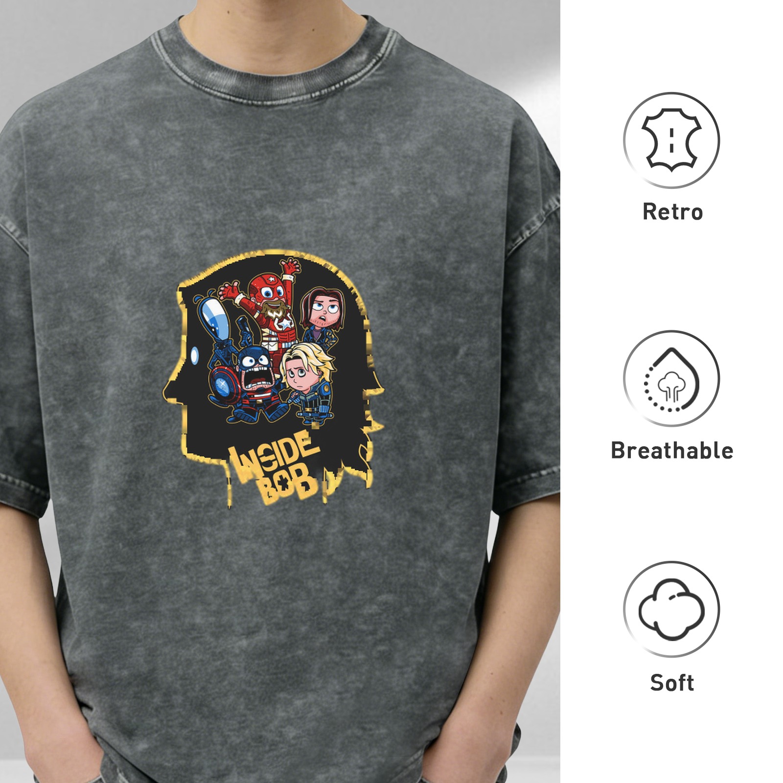 Oversized Washed Black T-Shirt With Inside Bob Superhero Graphic