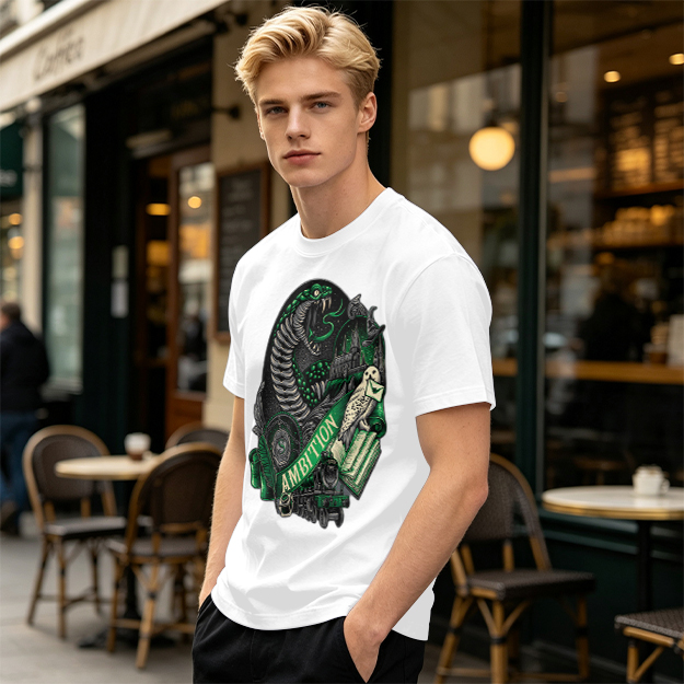 Olive Green T-Shirt With Slytherin Ambition Snake Owl Graphic