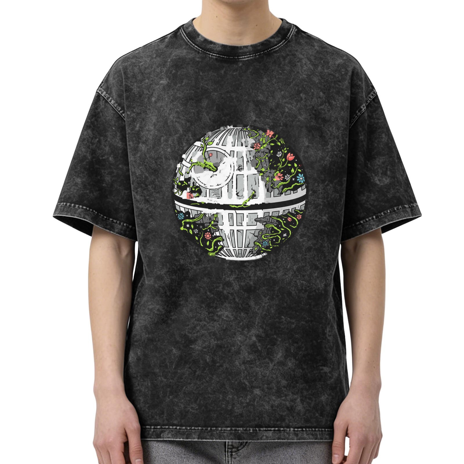 Oversized Acid Wash T-Shirt with Overgrown Death Star Graphic
