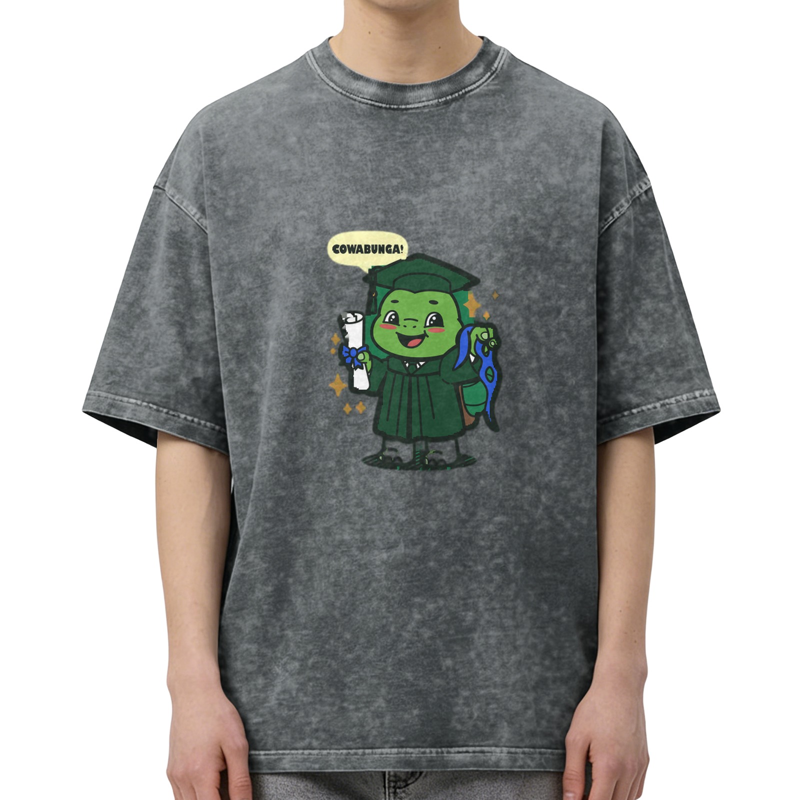 Washed Black T-Shirt with Graduation Turtle Cowabunga Print