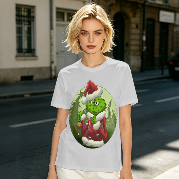 Olive Green T-Shirt Featuring The Grinch In Santa Costume