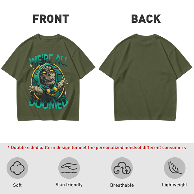 Olive T-Shirt Featuring 'We're All Doomed' Doom Character Art