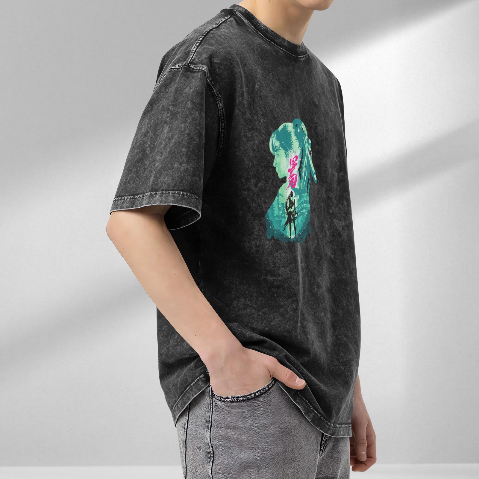Washed Black Graphic T-Shirt with Neon Anime Girl Silhouette Print