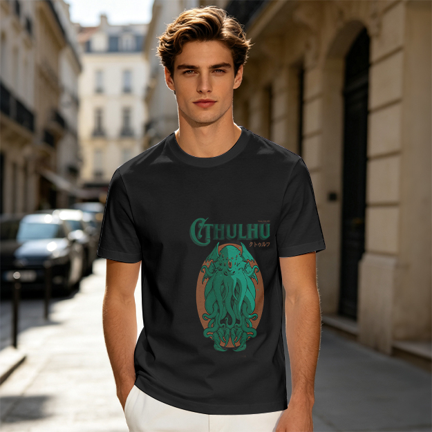 Olive Green Cthulhu Graphic T-Shirt with Mythos Monster Art