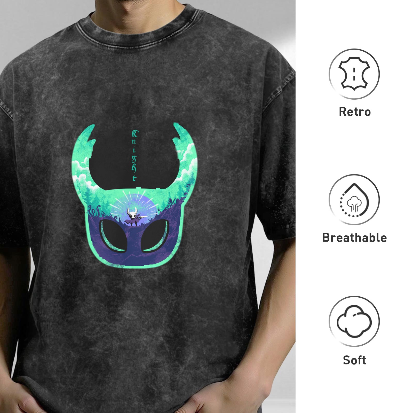 Oversized Dark Wash T-Shirt With Hollow Knight Mask Art Print