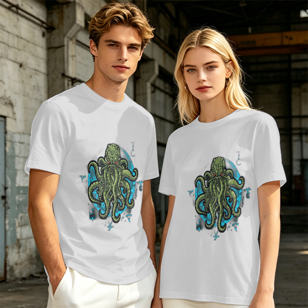 Olive Green T-Shirt With Cthulhu Octopus Monster Graphic