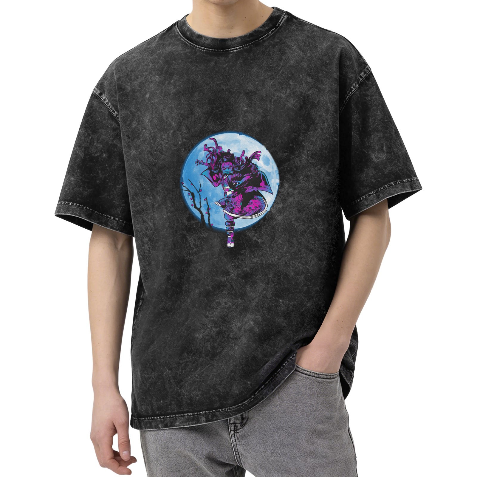Washed Black Anime Graphic T-Shirt With Moon Character Design