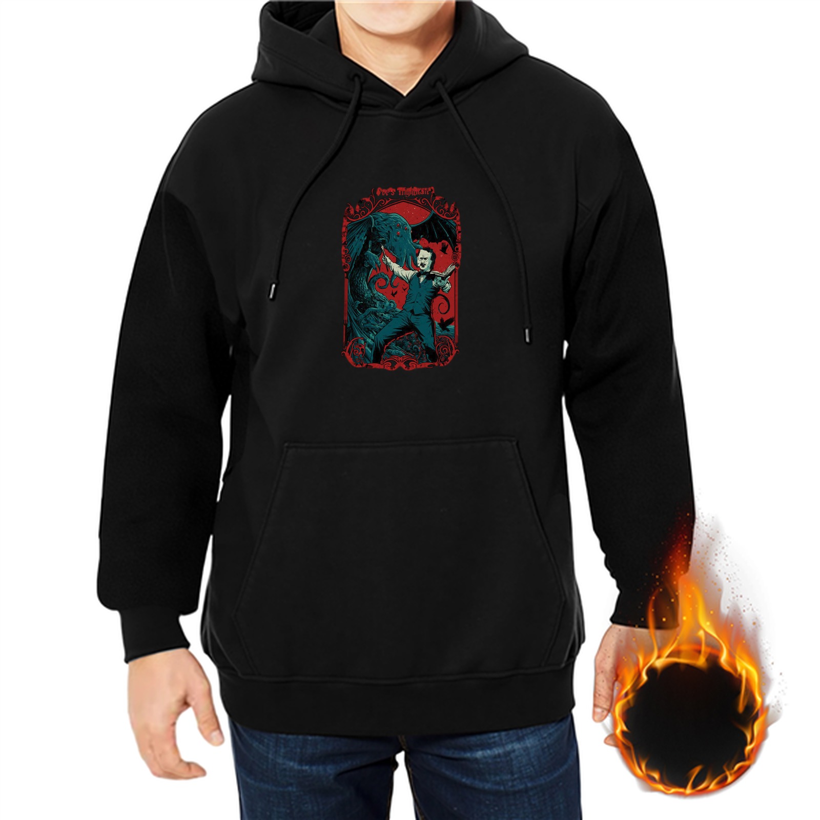 Black Hoodie with Cthulhu Horror Art Print