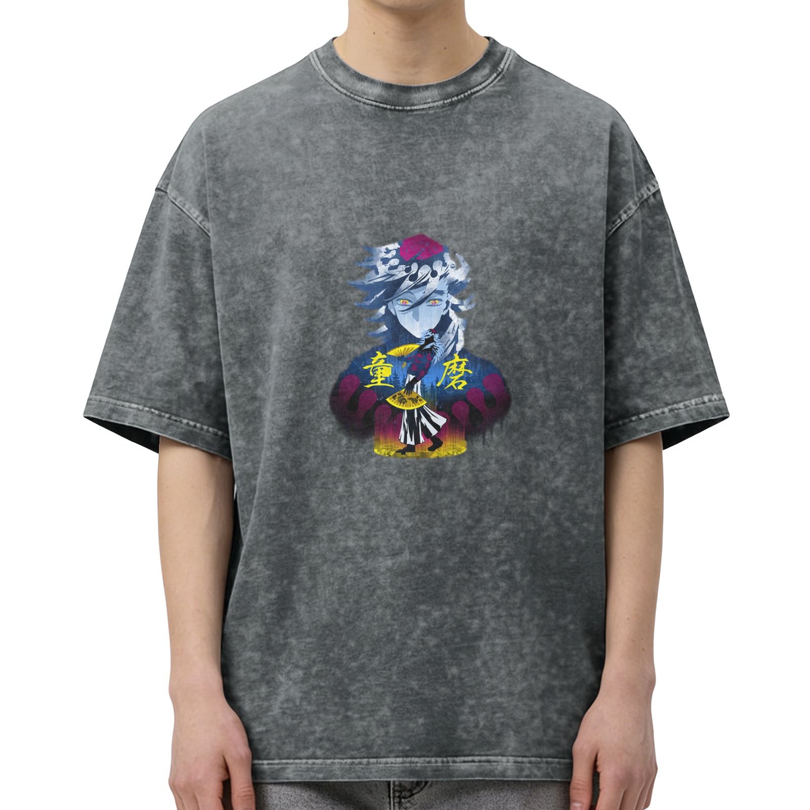 Oversized dark wash anime graphic t-shirt with demon character print