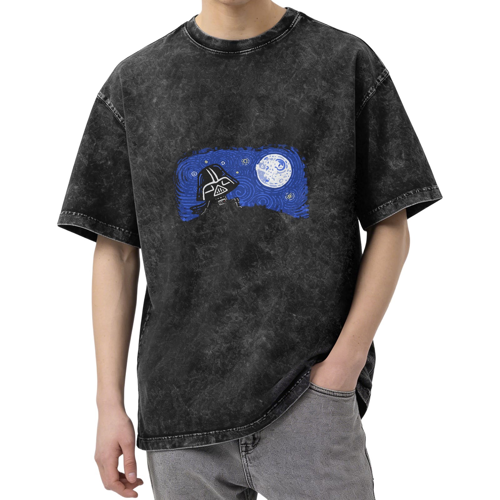 Washed black t-shirt with Darth Vader and Death Star graphic