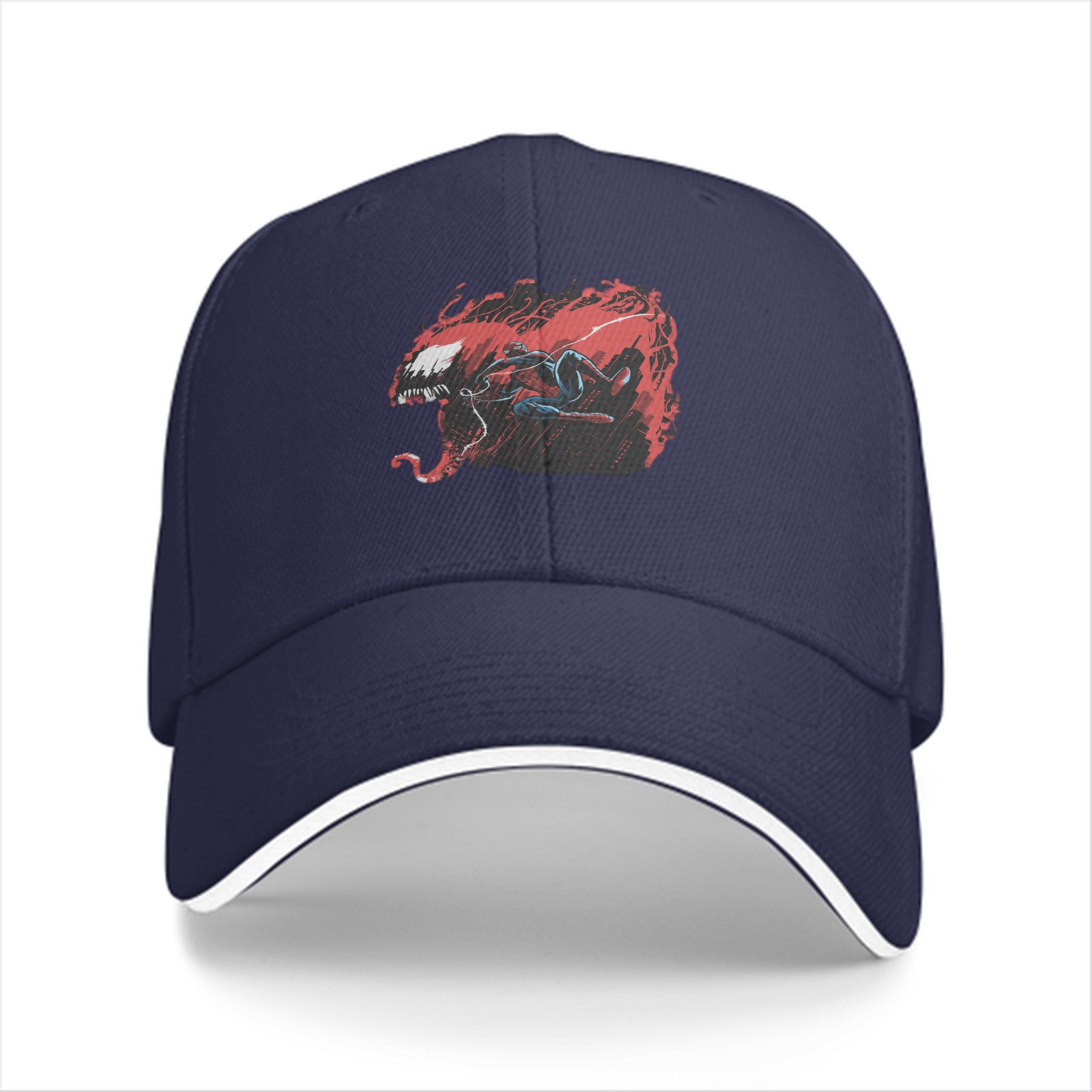 Black baseball cap with Venom and Spider-Man graphic print