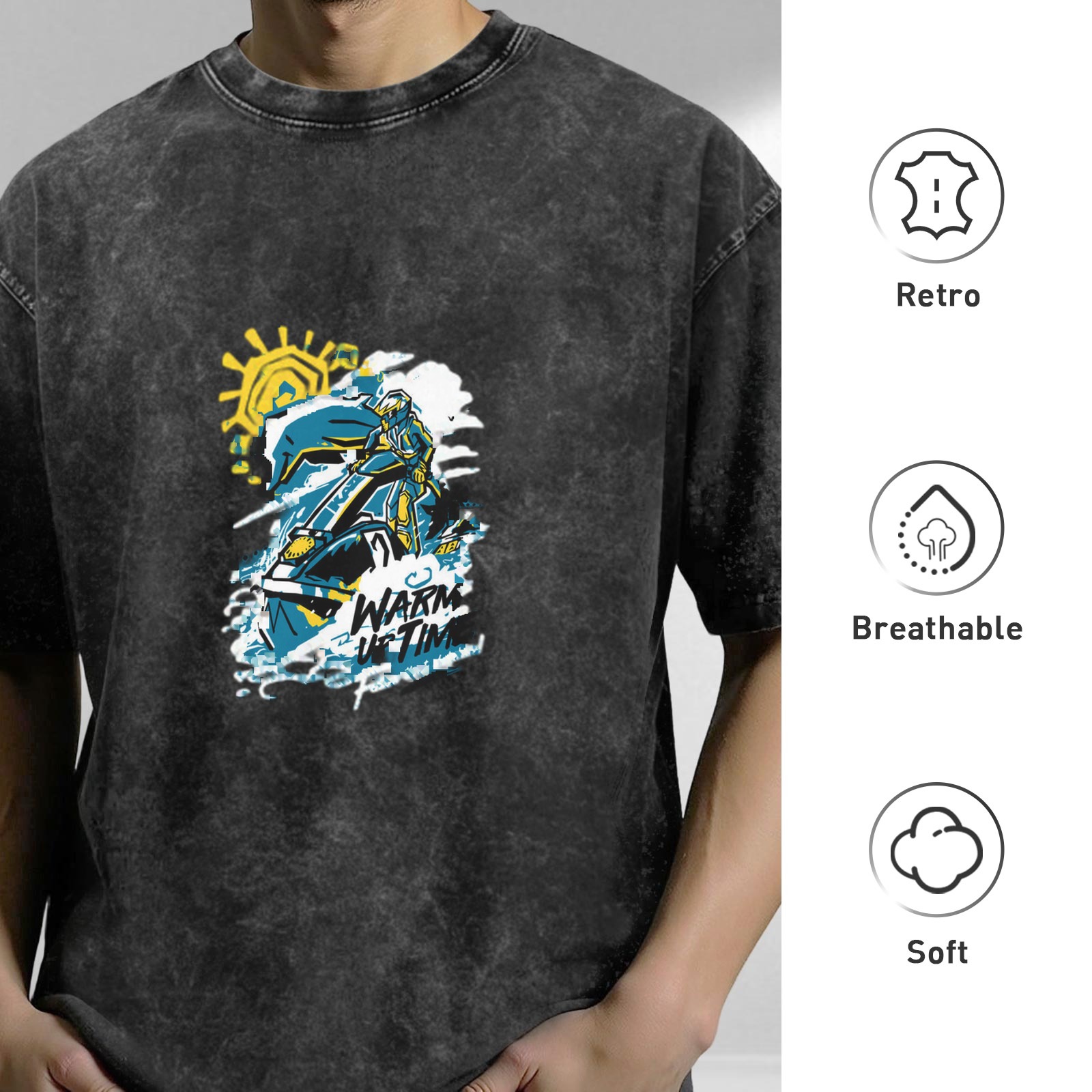 Oversized Acid Wash Graphic T-Shirt With Rider And Sun Print