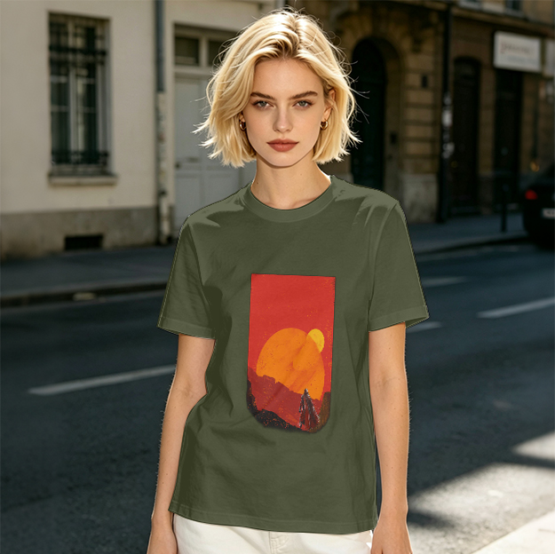 Olive T-Shirt with Desert Sunset Silhouette Graphic