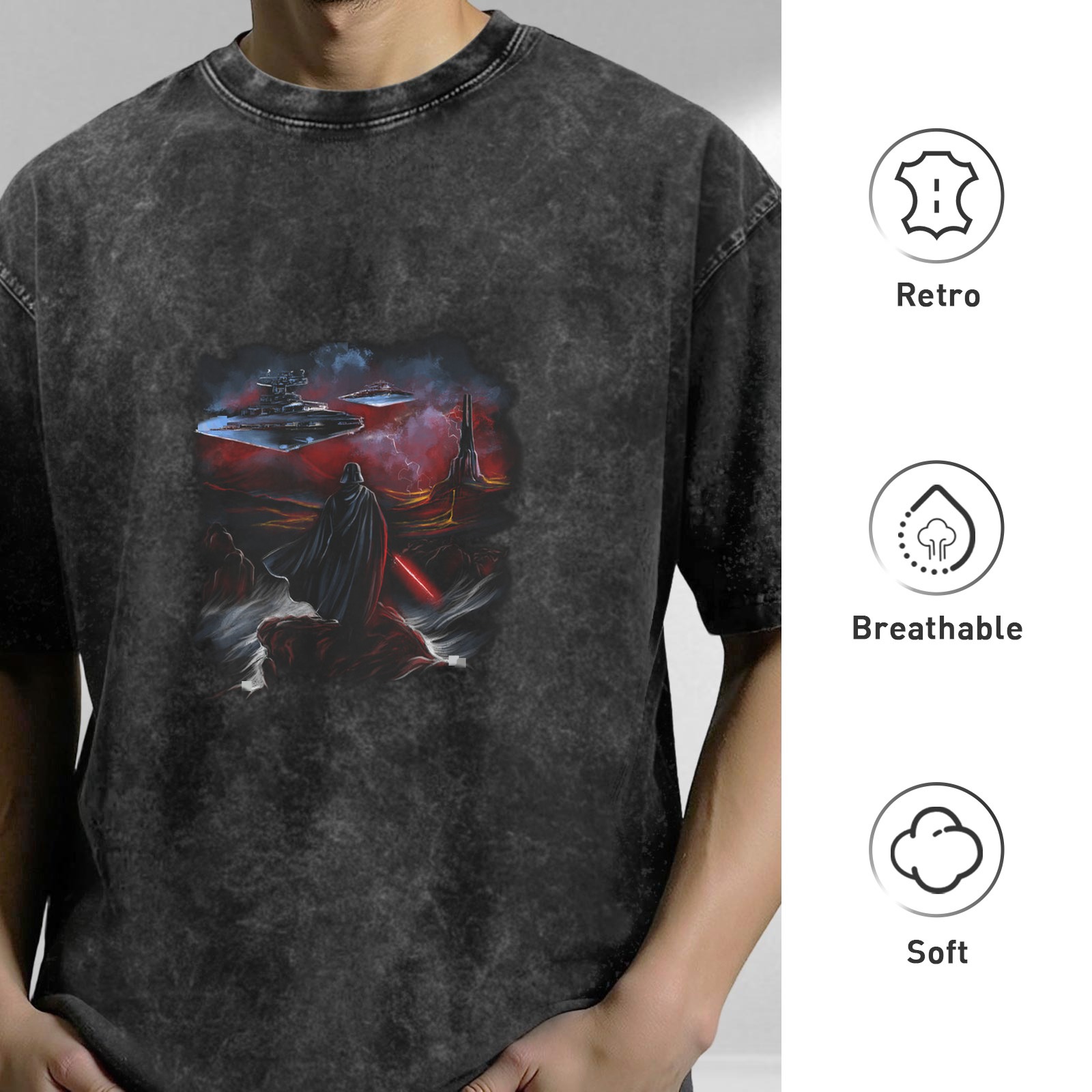 Star Wars Darth Vader Graphic Acid Wash Black Cotton T-Shirt