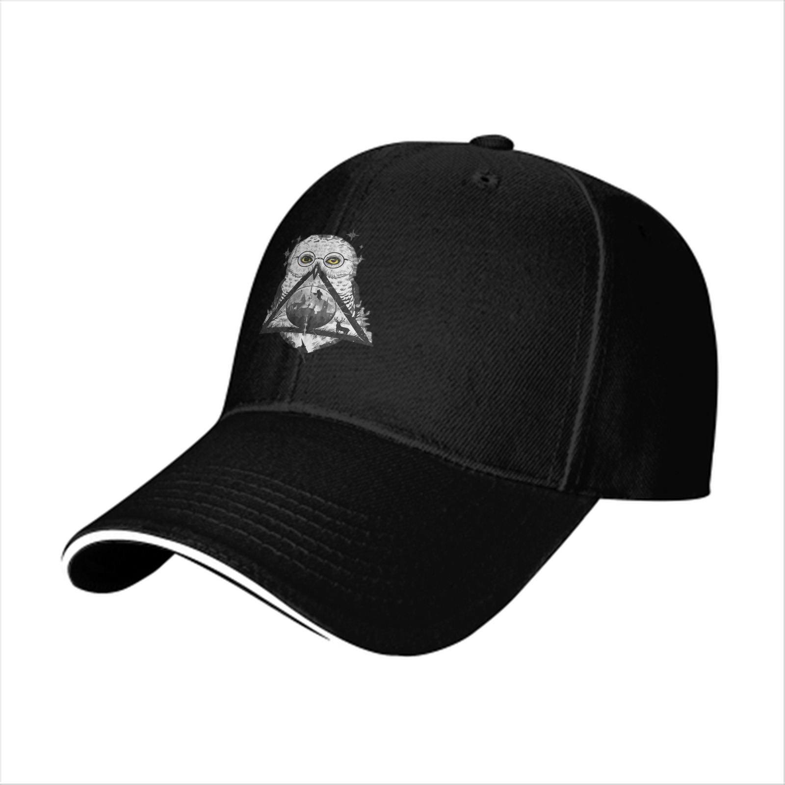 Black baseball cap with owl and deathly hallows graphic