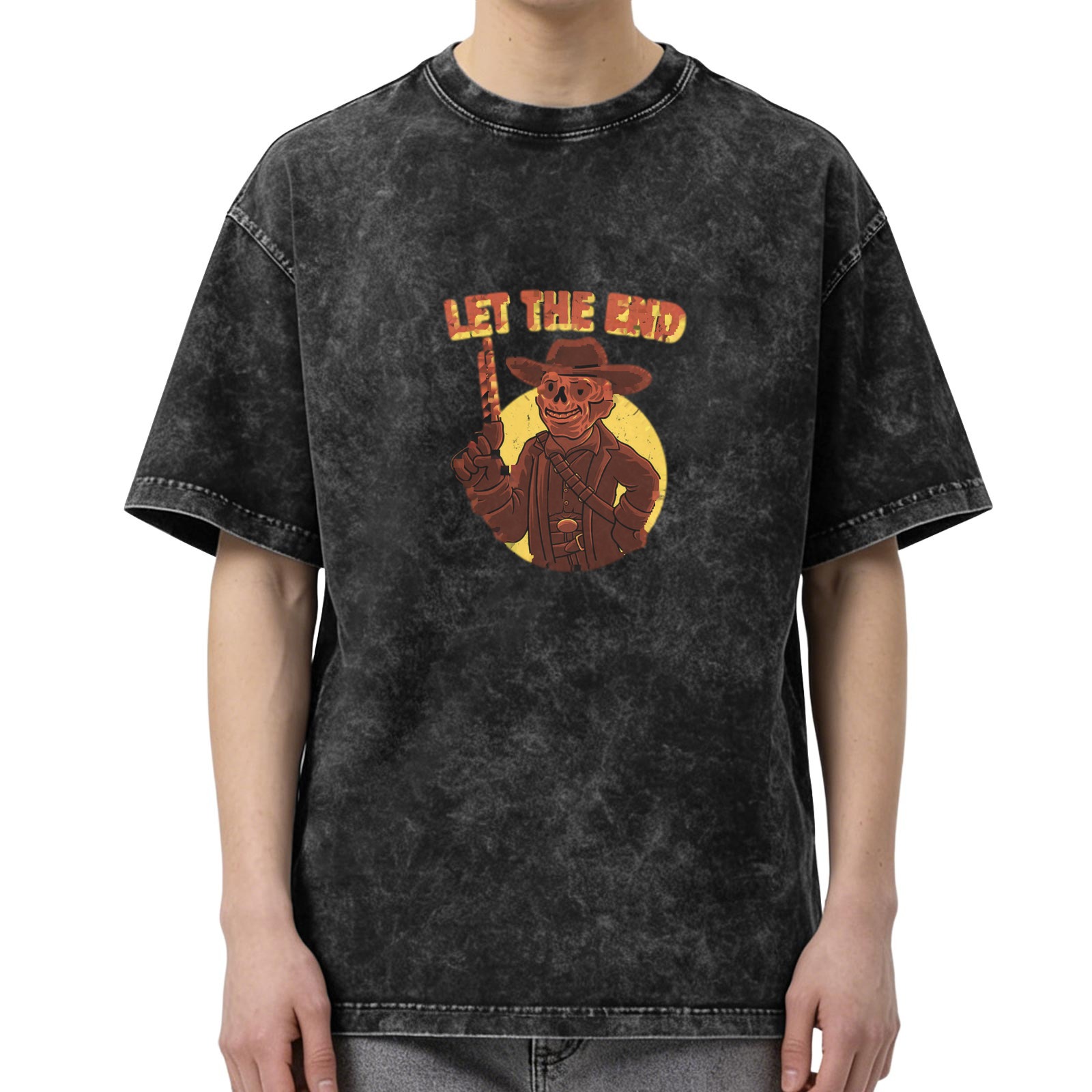 Washed Black T-Shirt With Skeleton Cowboy Graphic Print